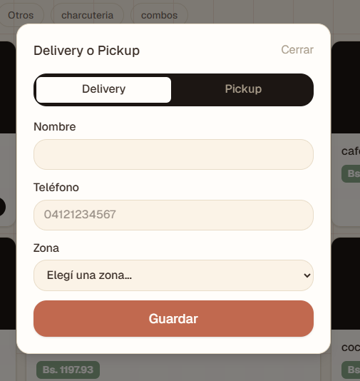 Modal de delivery: nombre, teléfono y zona